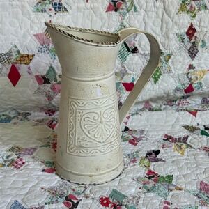 Vintage Style Cream Metal Heart Embossed Pitcher Farmhouse Decorative Vase 9in